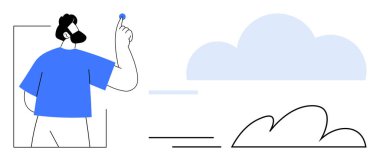 Dijital küreyi tutan adam, bulut elementleri ve minimalist çizgiler. Teknoloji, yenilik, bulut hesaplama, veri depolama, iletişim dijital dönüşümü için ideal online çözümler. Basit.