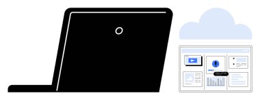 Analiz, medya ve performans sezgilerinin yer aldığı detaylı veri panelinin yanındaki siyah dizüstü bilgisayar. Teknoloji, bulut depolama, veri analizi, uzaktan çalışma, dijital yönetim için ideal