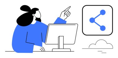 Kadın bilgisayarda çalışıyor, bir bağlantı ikonunda el kol hareketi yapıyor. Takım çalışması, iletişim, ağ, işbirliği, dijital platformlar, eğitim, basit iniş sayfası için ideal