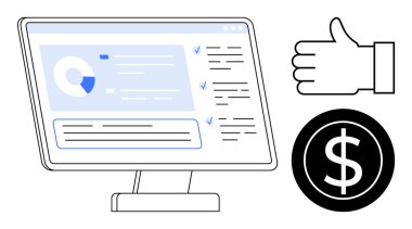 Bilgisayar monitörü analitik verileri, pasta grafiğini ve kontrol listesini gösteriyor, başparmaklar yukarı ve dolar simgesi ile. İş analizleri, mali raporlar, büyüme, başarı, onay pazarlaması için ideal