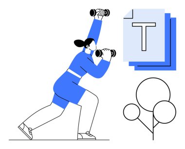 Aktif kıyafetli bir kadın, dambıl kaldırıyor, soyut metin simgesi, ve balon parmaklı şekiller. Fitness, farkındalık, yaratıcılık, enerji, motivasyon, üretkenlik için ideal basit iniş sayfası