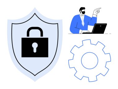 Kilit kalkanı veri güvenliğini temsil ediyor, dizüstü bilgisayardaki iş adamı karar vermeyi simgeliyor ve dişli de sistem optimizasyonunu simgeliyor. Siber güvenlik, teknoloji, yenilik, bilişim, iş için ideal