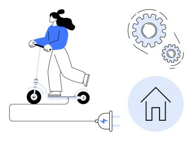 Fişe bağlı elektrikli scooter kullanan kadın, işlevselliği gösteren vitesler, eko-yaşam tarzının ev sembolü. Enerji verimliliği, ulaşım, yenilik, eko-yaşam ve teknoloji için ideal