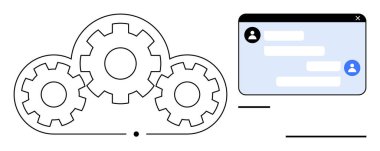İş akışı entegrasyonunu temsil eden üç vitesli bulut kullanıcı simgeleri ve mesajları olan bir sohbet penceresinin yanında. Üretkenlik, takım çalışması, iletişim, teknoloji kavramları, bulut hesaplama, süreç için ideal