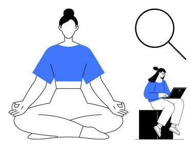 Yoga pozisyonunda meditasyon yapan sakin bir kadın, dizüstü bilgisayarda çalışan profesyonel bir kadın, tepede büyüteç. Farkındalık, iş hayatı dengesi, odaklanma, araştırma, refah verimlilik sadeliği için idealdir. A