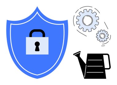 Güvenlik için asma kilidi olan mavi kalkan, optimizasyon için dişliler, büyüme için sulama kutusu. Teknoloji, koruma, yenilik, güvenilirlik, süreç yönetimi, büyüme için ideal düz metafor