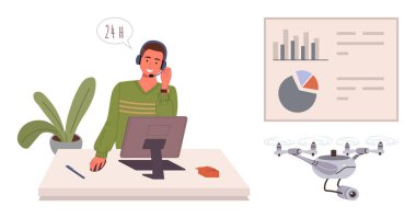 Masasında bilgisayar monitörlü bir kulaklık takan bir adam İHA operasyonu yapıyor. Çizelgeler ve grafikler analizi gösteriyor. Müşteri desteği, teknik çözümler, veri yönetimi, İHA operasyonu, dijital araçlar için ideal