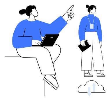 Beyin fırtınası yapan iki kişi, birinin dizüstü bilgisayarı var, diğerinin elinde klasör var, bulut senkronizasyonu çizimi. Takım çalışması, işbirliği, üretkenlik, beyin fırtınası, iletişim teknolojisi için ideal