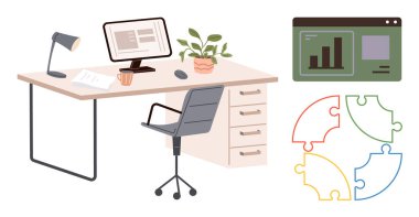 Analizi, organizasyonu, takım işbirliğini, verimlilik problem çözme planlama ve stratejisini vurgulayan bilgisayar kurulumu, grafikleri, santral, doküman ve bulmaca grafikleri içeren ofis masası. İdeal