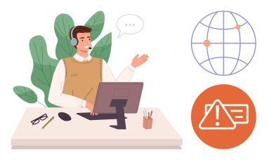 Masada kulaklık takan bir adam, konuşuyor ve küresel bağlantının ve uyarı simgelerinin yakınında işaret ediyor. Müşteri desteği, iletişim, teknoloji, sorun giderme, takım çalışması, küresel sosyal yardım için ideal