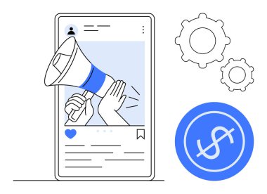 Elinde megafonla akıllı telefon arayüzü, dişli taktiği ve dolar simgesi. Pazarlama, sosyal medya, reklamcılık, tanıtım, izleyici katılımları, gelir artışı için ideal