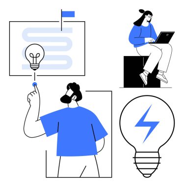 Ampul panelini gösteren bir adam, dizüstü bilgisayarlı bir kadın fikirler üzerinde çalışıyor, elektrik ampulü sembolü. Yenilik için ideal, takım çalışması, üretkenlik, dijital araçlar, yaratıcılık enerjisi problem çözme. Temiz