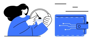 Dijital cüzdanın yanındaki hız göstergesine bakan kadın büyüme, finans ve yenilikleri resmediyor. Fintech, tasarruf, bütçe, analitik, bankacılık, yatırım sade iniş sayfası için ideal