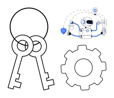 Robot, araçlar, dişliler ve otomasyon, yenilik ve güvenliği temsil eden anahtarlarla birbirine bağlı. Teknoloji, yapay zeka, siber güvenlik, otomasyon mekaniği için ideal. Basit dijital çözümler.
