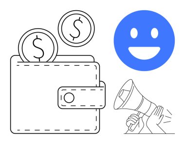 Cüzdanında bozuk para, mavi gülen yüz ve finansal başarıyı, iletişimi ve pozitifliği temsil eden megafon var. Tasarruf, reklam, finansal uygulamalar, promosyonlar için ideal dijital pazarlama