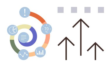Sektörler, grafikler, veri yüzdeleri ve büyümeyi işaret eden dikey oklarla dairesel bilgi. İş, ilerleme, analitik için idealdir, hedefleri finanse eder. Basit düz metafor
