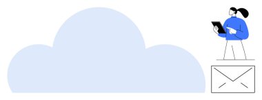 Büyük, açık mavi bir bulut, elinde tablet olan bir kişi, e-posta zarfının üzerinde duruyor. Bulut bilgisayarı, dijital depolama, çevrimiçi iletişim, teknoloji, e-posta yönetimi, uzaktan çalışma için ideal