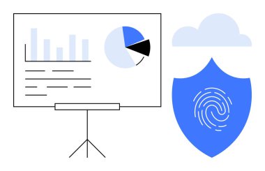 Çubuk grafikli veri tablosu, tripod tahtasında parmak izi kalkanı ve bulut ile birlikte pasta tablosu. Veri analizi, siber güvenlik, bulut depolama, gizlilik, iş raporu, güvenlik politikası için ideal