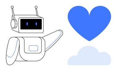 Robot, büyük mavi bir kalbe ve açık mavi bulut ikonuna doğru uzanıyor. Yapay zeka yeniliği, duygusal teknoloji, dijital iletişim, bulut hesaplama, makine öğrenme, modern teknoloji, basit
