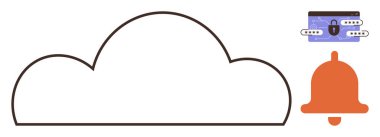 Güvenli kredi kartı ikonu ve alarm ziliyle bulut hatları veri depolama, güvenlik ve bildirimleri temsil ediyor. Teknoloji, siber güvenlik, bulut hesaplama, veri koruması için ideal.