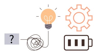 Soru işareti ve karışık hat parlayan bir ampul, teçhizat ve aküye çıkıyor. Problem çözme, yenilik, yaratıcılık, beyin fırtınası, üretkenlik enerjisi ve çözümler için idealdir. Basit düz