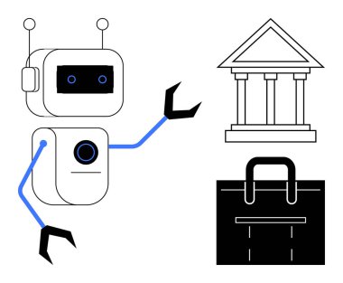Kamu hizmetlerinde, bürokraside ve modern teknolojide yapay zeka otomasyonunu temsil eden, devlet yapısı ve evrak çantasına el kol hareketi yapan bir robot. Robot bilimi için ideal, Al.