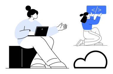 Dizüstü bilgisayarla tartışan bir kadın, ekranda takım arkadaşı kodlaması ve bulut simgesi. Takım çalışması, programlama, uzaktan çalışma, yazılım geliştirme, bulut teknolojisi, teknoloji sade iniş sayfası için ideal