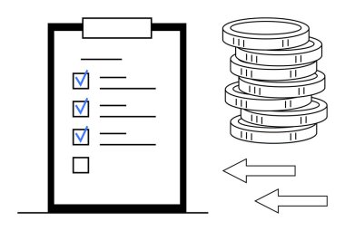 Kontrol listeli pano, bozuk paralar ve akışı gösteren oklar. Üretkenlik, hedefler, finans, proje yönetimi, karar verme mekanizması için ideal. Basit düz metafor