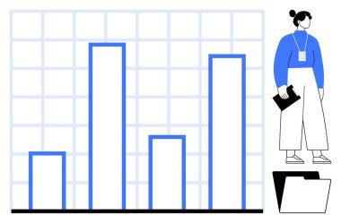 Dört sütunu olan bir bar çizelgesi, bir pano tutan bir iş kadını, dosyalar. Analiz, finans, planlama, performans, strateji sektörü büyüme kavramları için idealdir. Basit düz metafor