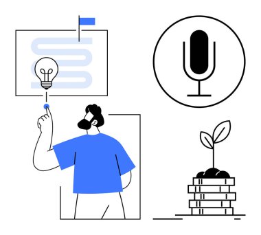 Erkek figürü, fikirlerin metaforu olarak bir ampulle etkileşime girer, ses teknolojisi için mikrofon ve eko-finans için birikmiş paraların üzerine bitki yerleştirir. Yenilik, strateji, büyüme ve yaratıcılık için ideal