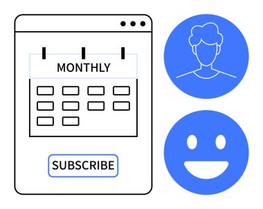 Vurgulanmış düğmesi, kullanıcı avatarı ve mutlu simgesi olan aylık abonelik takvimi. Pazarlama, üyelik, müşteri deneyimi, abonelik hizmetleri, katılım, UIUX tasarımı ve basit
