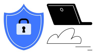 Güvenlik kilidi olan mavi kalkan, teknolojiyi sembolize eden laptop ve veri depolama için bulut. Siber güvenlik, veri koruması, teknoloji, bulut hesaplama, bilişim hizmetleri, güvenlik için ideal