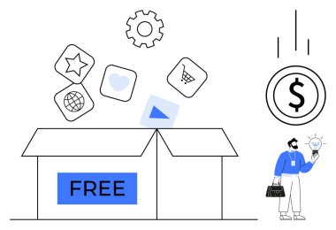 Üzerinde uygulama simgeleri uçuşan, düşen dolar işareti ve elinde bir ampul tutan iş adamı yazan ücretsiz açık kutu. Pazarlama, iş, yenilik, strateji, tasarruf ve teknoloji sadeliği için idealdir. Asgari