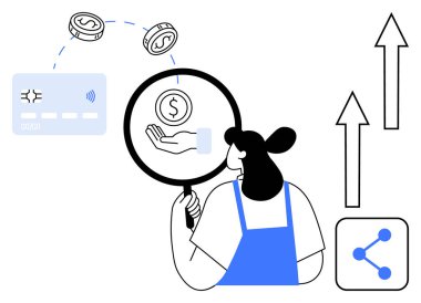 Finansal unsurları değerlendirmek için büyüteç kullanan bir kadın madeni paraları, ödeme kartını ve paylaşılabilir büyümeyi onaylıyor. Finans, analiz, ödeme süreci, yatırım, ekonomik büyüme, dijital