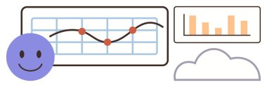 Veri noktaları, bar tablosu, gülen yüz ve bulut simgesiyle grafik trendleri. Analiz, performans, geri bildirim, veri yönetimi, iş geliştirme teknolojisi çözümleri için ideal basit düz metafor