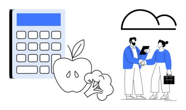 Elma ve brokolinin yanında hesap makinesi sağlıklı finans ve beslenmeyi sembolize ediyor. Bulutların altında el sıkışan iki profesyonel, ortaklık, denge ve sürdürülebilirlik öneriyor. İdeal