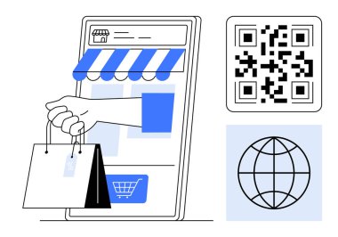 Mobil mağaza arayüzü tente, alışveriş torbaları, tarama için QR kodu ve küresel erişimi temsil eden dünya. Çevrimiçi alışveriş, ödeme, küreselleşme ve teslimat için ideal