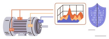 Endüstriyel motor, sıcaklık okumaları, analitik grafikler, performans eğilimlerini görselleştirme ve veri güvenlik kalkanı. Mühendislik, otomasyon, analitik, teknoloji, güvenlik ve izleme için ideal