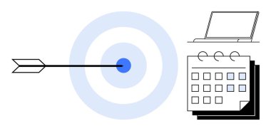 Ok hedefi vuruyor, dizüstü bilgisayarı açıyor ve takvim hedef odaklanma, planlama ve organizasyonu simgeliyor. Üretkenlik, zaman yönetimi, stratejik planlama, hedef başarı iş verimliliği için ideal