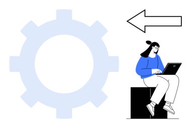 Dizüstü bilgisayar kullanan kadın karakter, arka planda büyük dişli sembolü, solu gösteren kalın ok. Üretkenlik, teknoloji, iş akışı, odaklanma, yön, strateji yeniliği için ideal