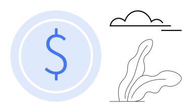 Merkezdeki büyük mavi dolar işareti, sürdürülebilirlik ve basitlik için minimalist bulut ve yaprak çizimleriyle eşleştirilmiş finansmanı sembolize ediyor. Ekonomi, doğa, büyüme, minimalizm, eko-ticaret için ideal