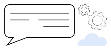 Yatay çizgileri olan konuşma balonu, süreçleri gösteren iki vites, ve fikirleri ya da teknolojiyi öneren bir bulut. İletişim, takım çalışması, yenilik, mesajlaşma, beyin fırtınası, iş akışı için ideal