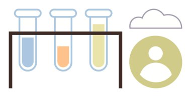 Bir rafta mavi, turuncu ve sarı sıvılarla dolu üç test tüpü ve bir bulut ve kullanıcı profili sembolü. Bilim, araştırma, veri analizi, teknoloji, kimya, eğitim için idealdir.