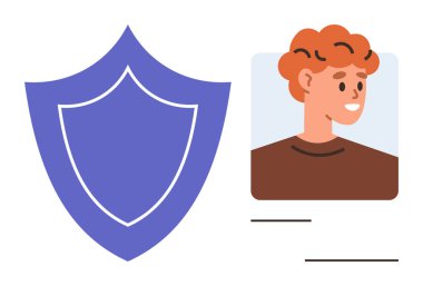 Korunmak için mavi rozet sembolü, yanında kişinin vesikalık fotoğrafı olan bir profil kartı. Siber güvenlik, gizlilik, dijital kimlik, çevrimiçi güvenlik, kullanıcı kimlik denetimi, güvenlik, basit daire