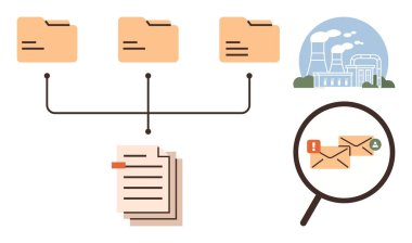 Dosyalara bağlı dosyalar, büyüteç altında e-posta uyarıları, endüstriyel fabrika. Veri yönetimi, dijital organizasyon, siber güvenlik, sistem izleme, uyum, üretkenlik için ideal