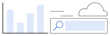 Çubuk çizelgesi ve arama çubuğu bulut simgesi ile eşleştirildi, veri analizi, bulut depolama, arama optimizasyonu. Analiz, bulut hesaplama, teknoloji, pazarlama, yenilik araştırması için ideal