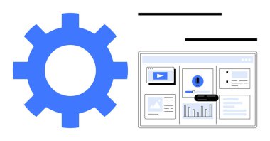 Haritalar, grafikler ve görsellerle dolu mavi vites, teknolojiyi sembolize ediyor, otomasyonu, veri analizini ve yeniliği işliyor. IT, iş akışı analizleri ve dijital için ideal