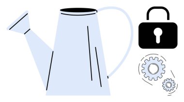 Sulama bidonları dökülüyor, yukarıdaki siyah kilit, ve yanında büyümeyi, güvenliği, verimliliği ve yeniliği sembolize eden vitesler. Yetiştirme, strateji, risk yönetimi ekip çalışması ve sürdürülebilirlik için ideal