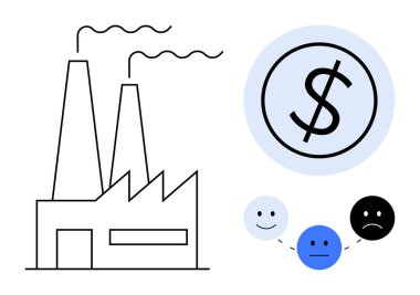 Bacalı fabrika, finansal durumları gösteren dolar işareti ve farklı ruh hallerini gösteren üç yüz. Endüstri, ekonomi, emisyonlar, finans, duygular, ticari çevre sorunları için ideal