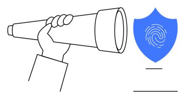 Keşif için el teleskopu ve veri korumasını sembolize eden parmak iziyle korunan mavi bir kalkan. Soruşturma, gizlilik, güvenlik, teknoloji, yenilik ve strateji için ideal